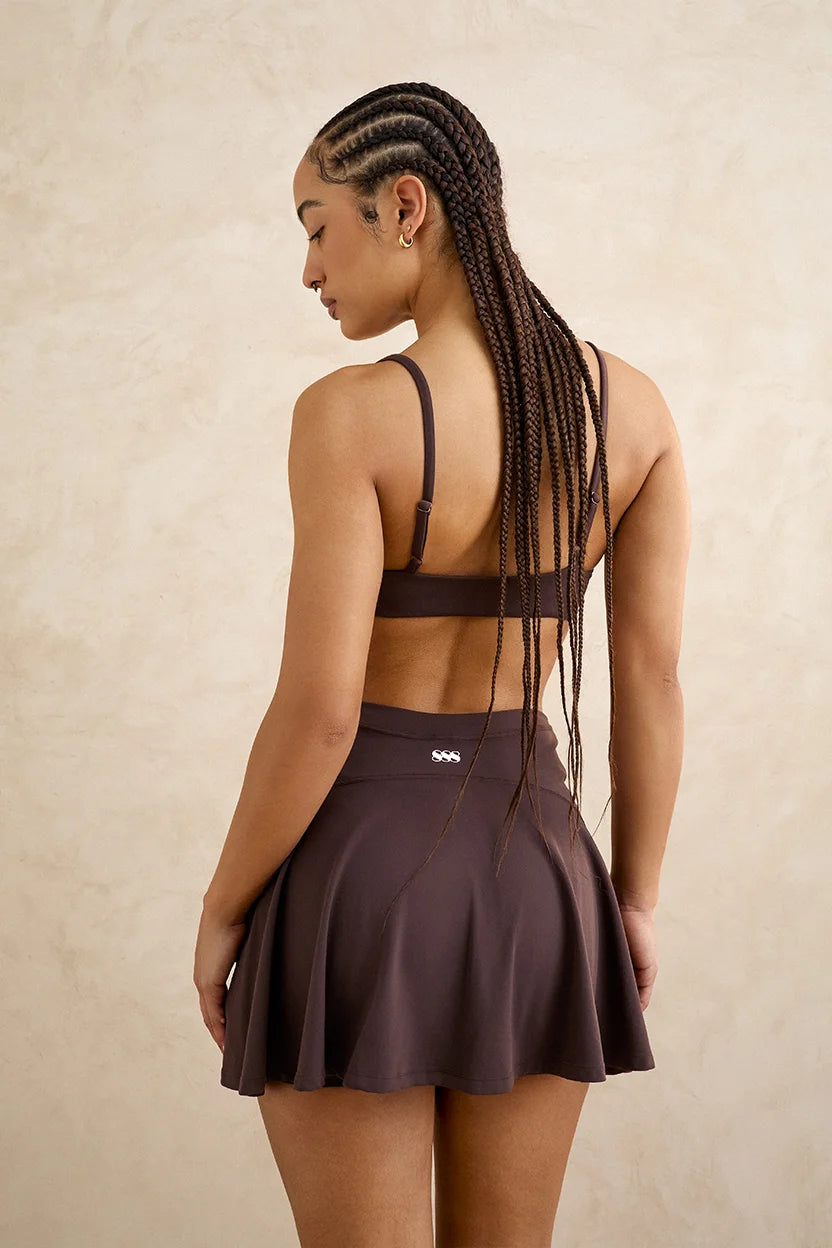 Brown thin strap sports bra front view women's activewear yoga pilates