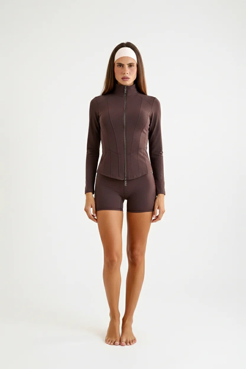Brown sculpting zip jacket front view women's activewear yoga pilates