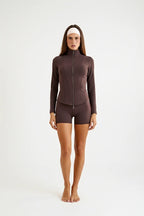 Brown sculpting zip jacket front view women's activewear yoga pilates