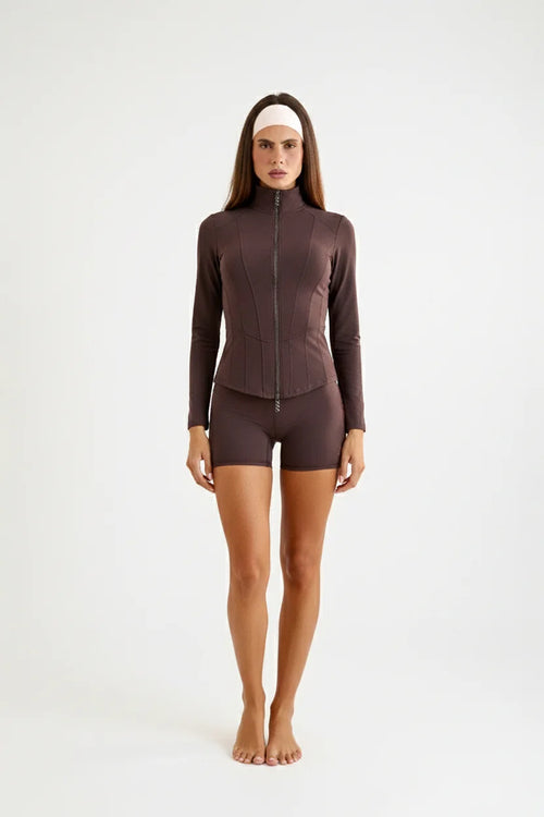 Brown sculpting zip jacket front view women's activewear yoga pilates