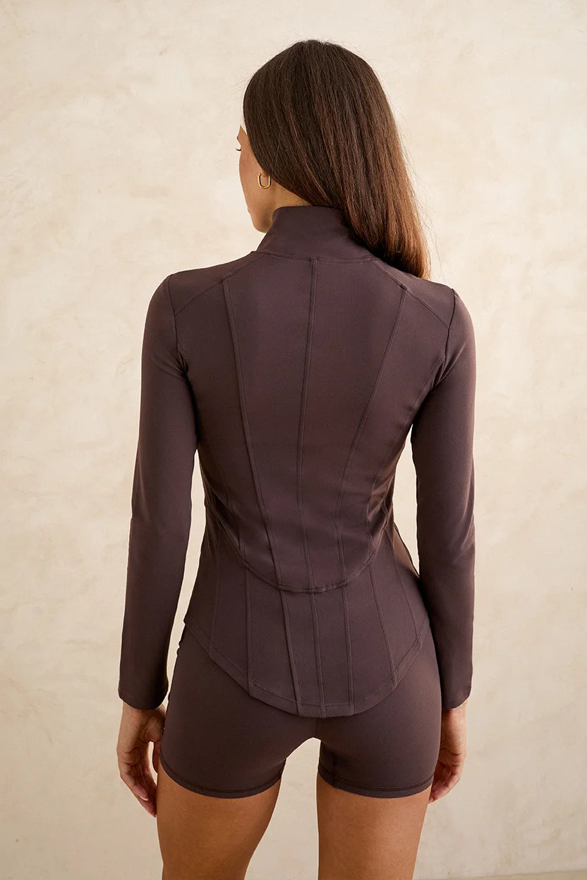 Brown corset gym jacket back view women's activewear gym padel