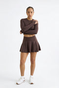 Brown open back cropped long sleeve gym top Godde888 women's activewear pilates