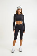 Black open back cropped long sleeve gym top Godde888 women's activewear pilates