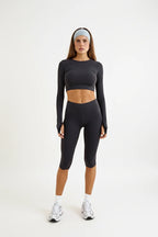 Black open back cropped long sleeve gym top Godde888 women's activewear pilates