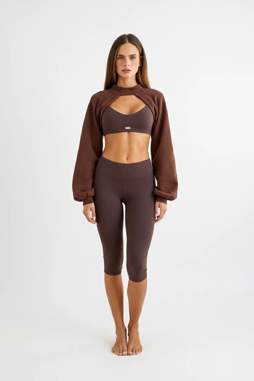 Brown open front cropped shrug Godde888 women's activewear gym pilates